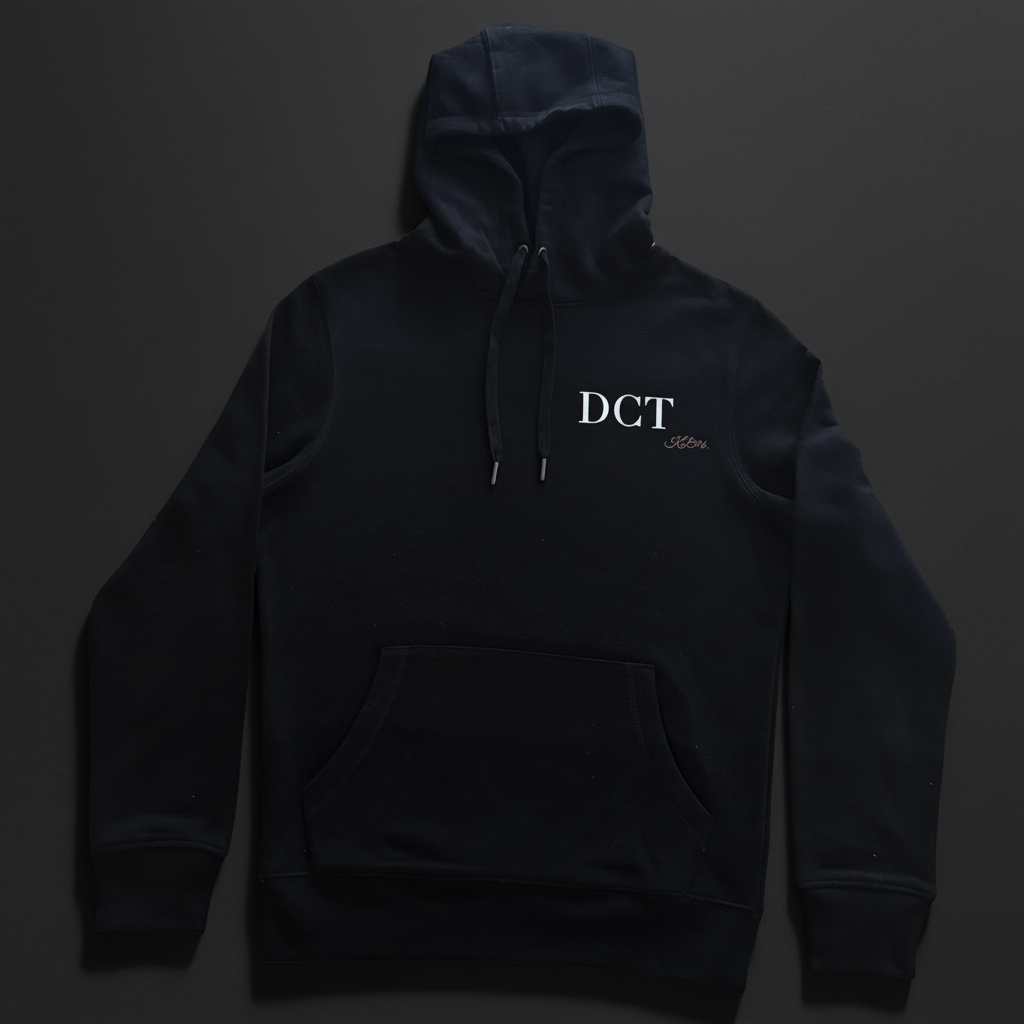 DCT Hoodie flat lay front dark studio